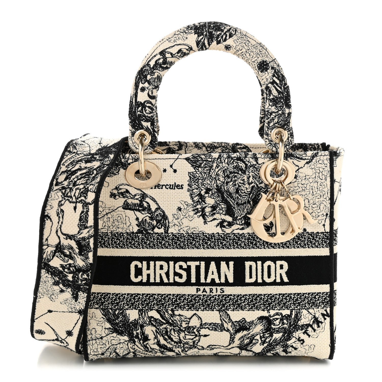 Christian Dior Canvas Embroidered Zodiac Toile De Jouy Medium Lady D-Lite Latte