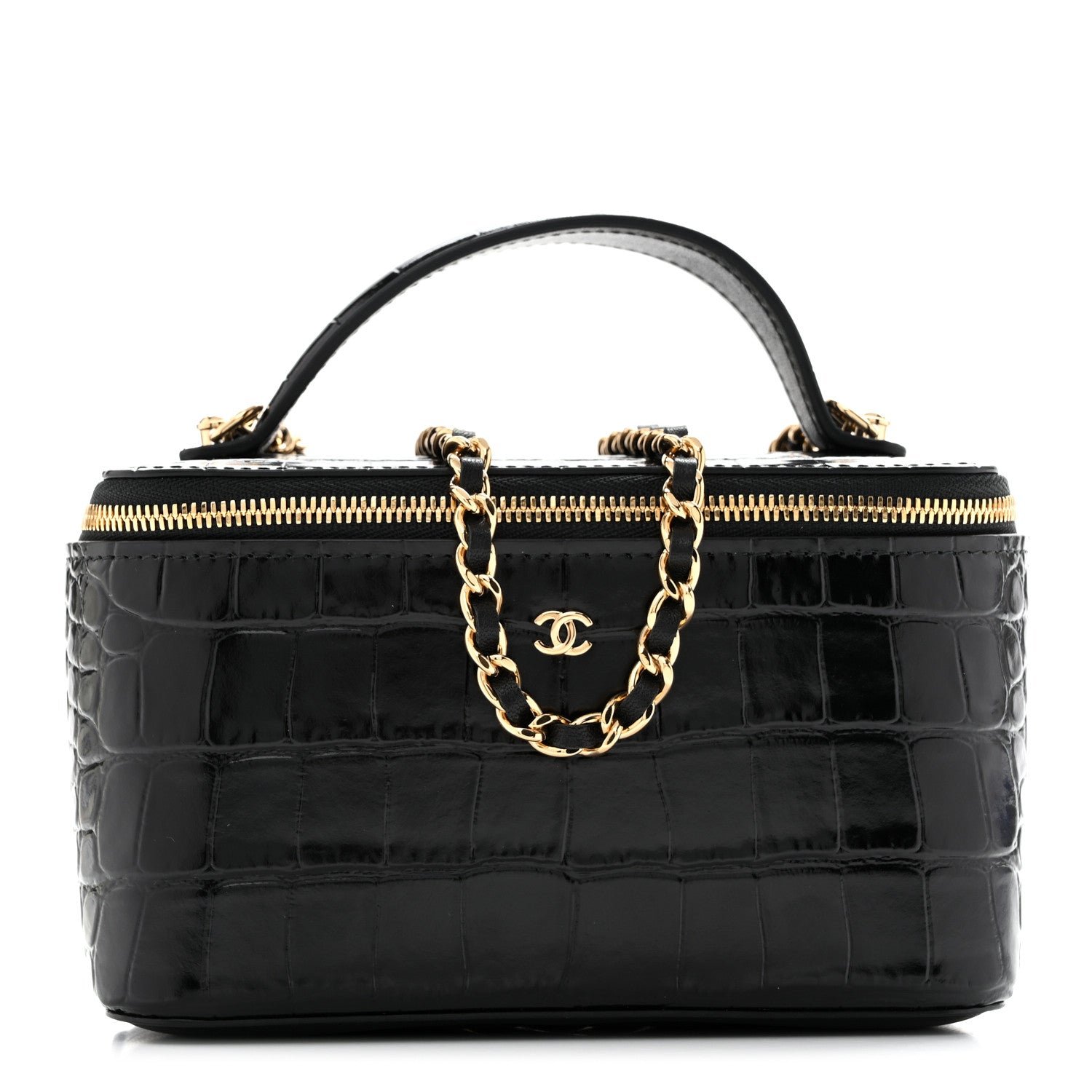 Chanel Calfskin Crocodile Embossed Crococo Small Top Handle Vanity Case With Chain Black