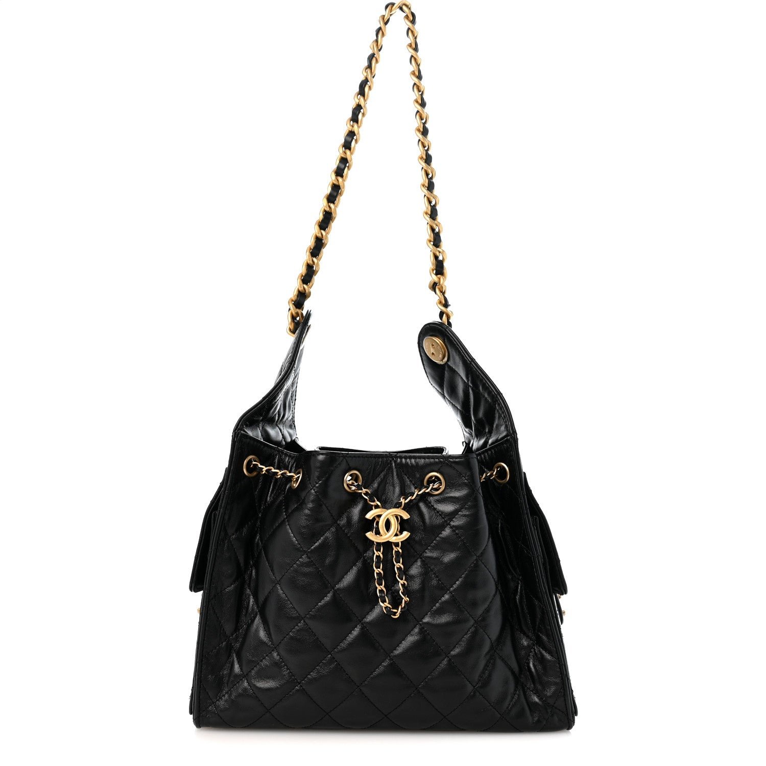 Chanel Shiny Crumpled Calfskin Quilted Medium Chanel 25 Handbag Black