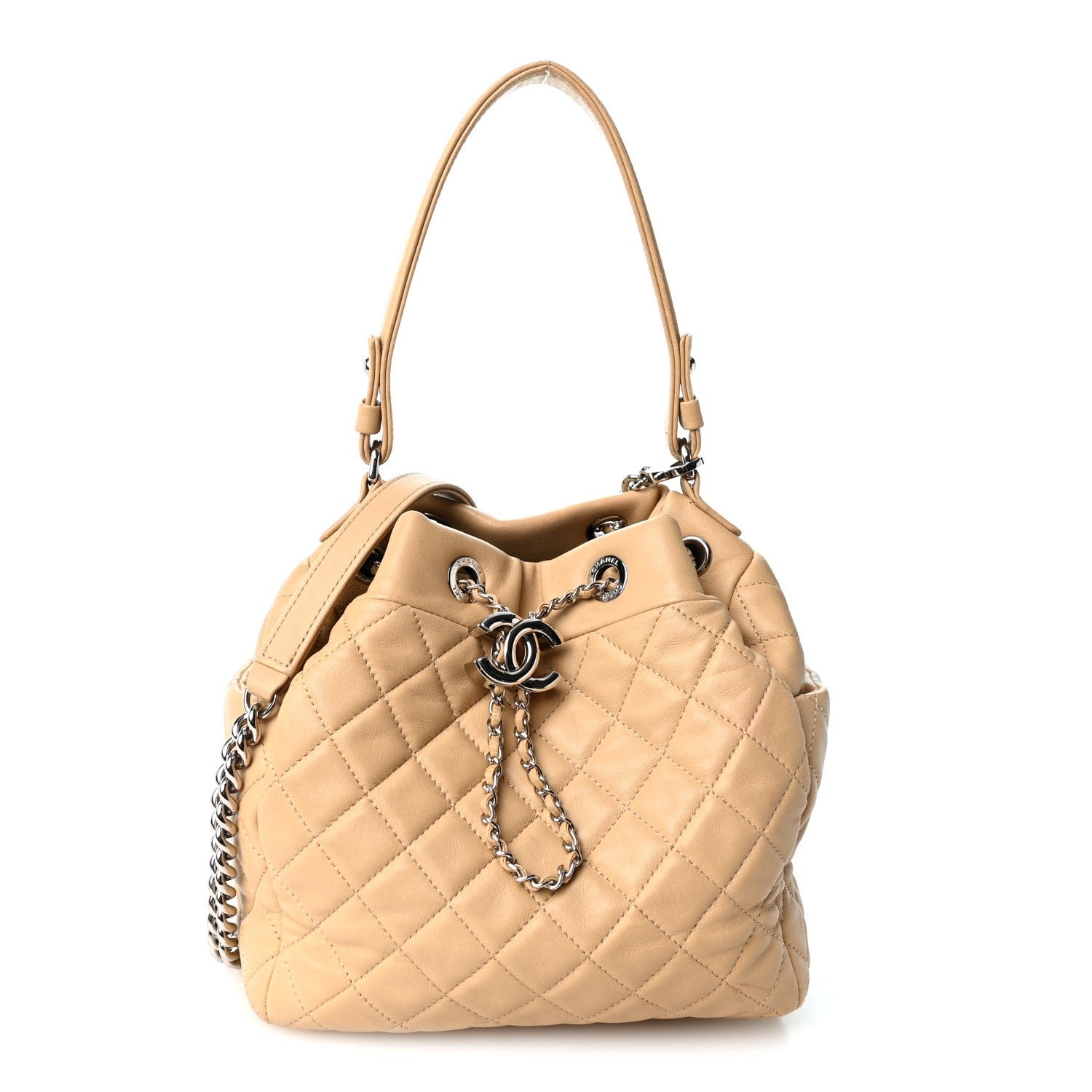 Chanel Lambskin Quilted Small CC Chain Bucket Drawstring Bag Light Beige