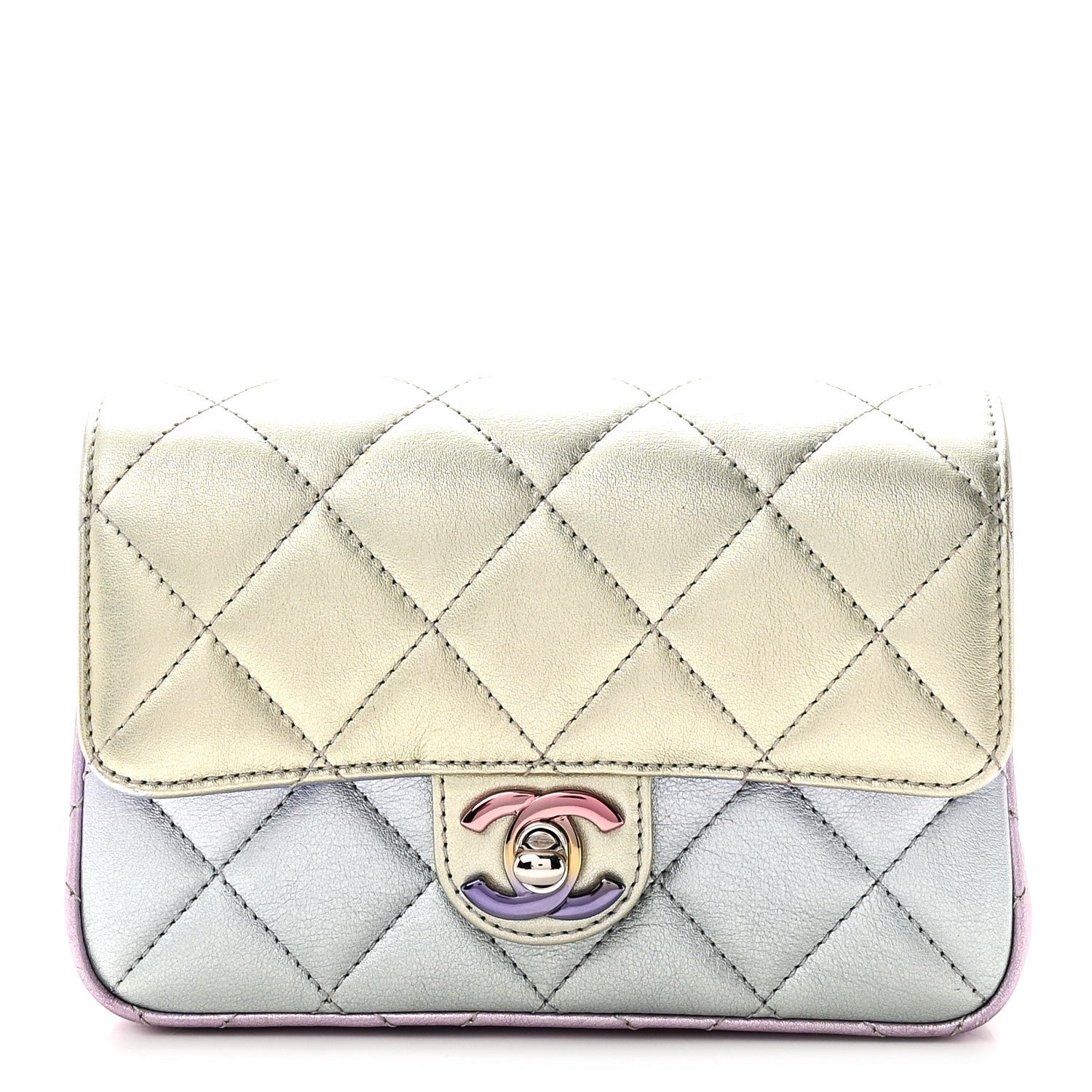 Chanel Gradient Metallic Calfskin Quilted Clutch Silver Blue Yellow Purple