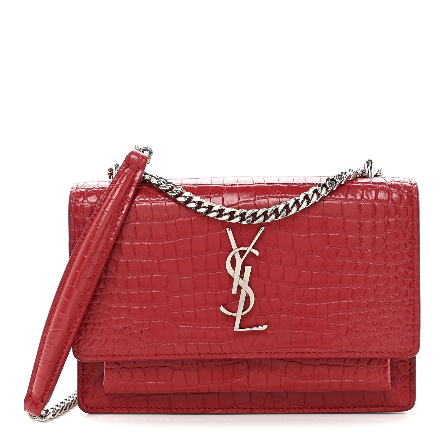 Saint Laurent Calfskin Crocodile Embossed Monogram Sunset Chain Wallet Rouge Eros