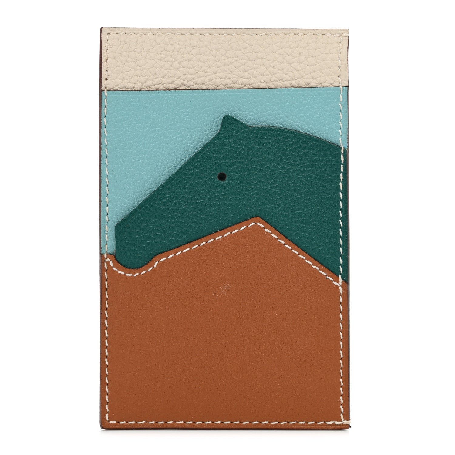 Hermes Epsom Evercolor Chevre Mysore Les Petits Chevaux Card Holder Gold Malachite Bleu Atoll Craie