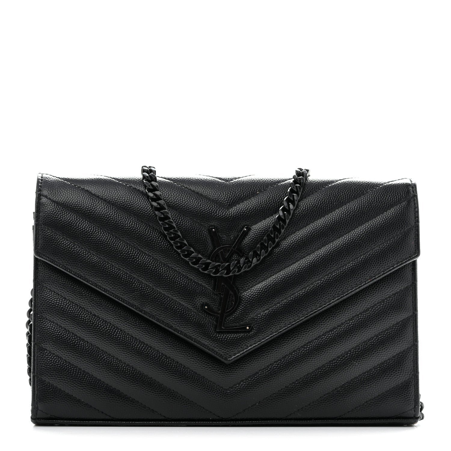 Saint Laurent Grain De Poudre Matelasse Chevron Monogram Monochrome Envelope Chain Wallet Black