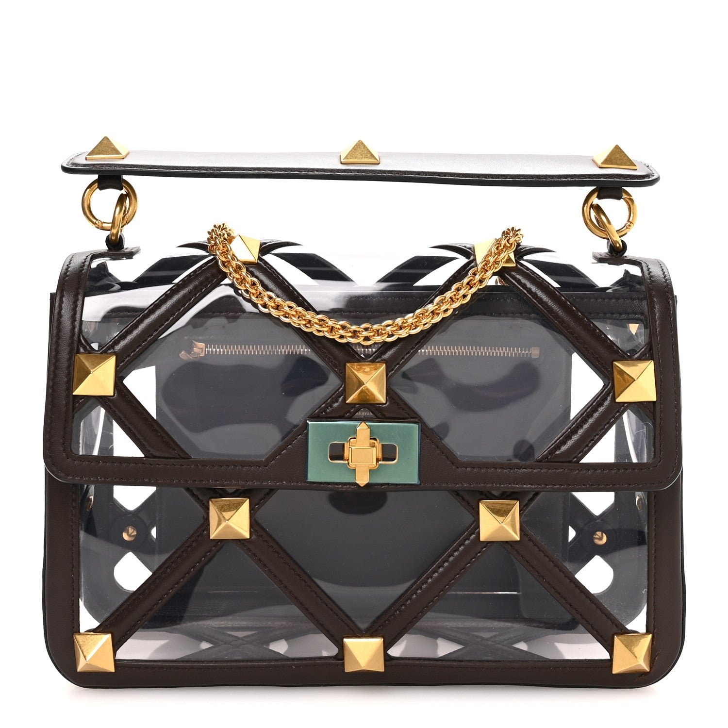 Valentino Garavani PVC Calfskin Large Roman Stud Shoulder Bag Transparent Dark Brown