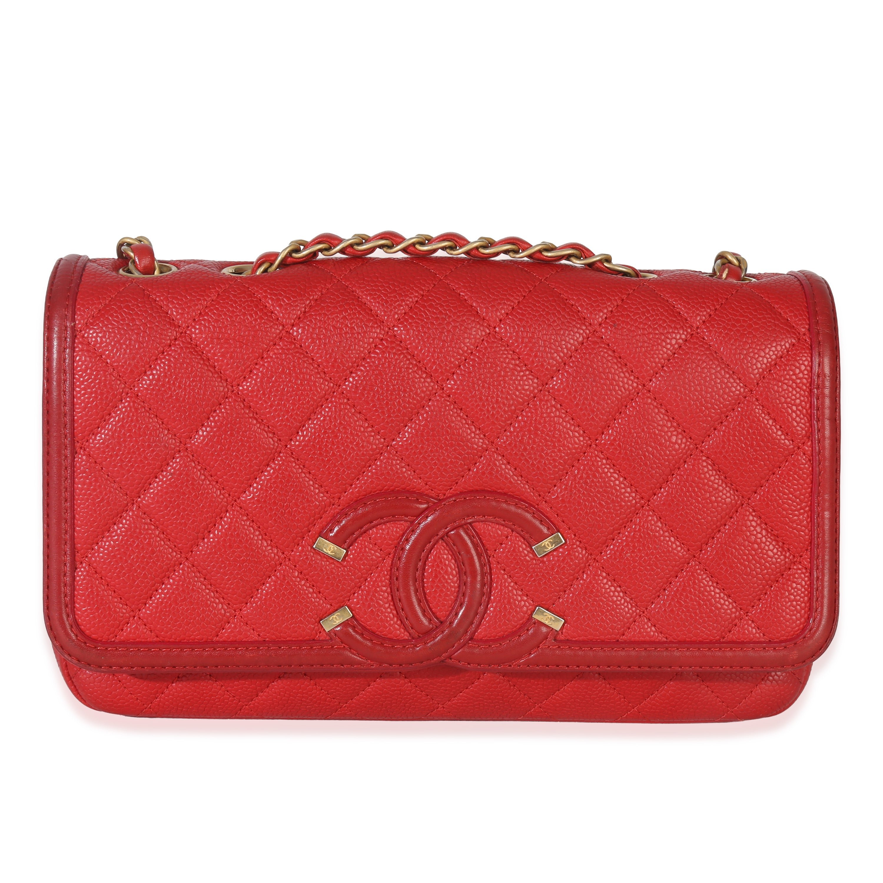 Red Quilted Caviar Medium Filigree Flap Handbag