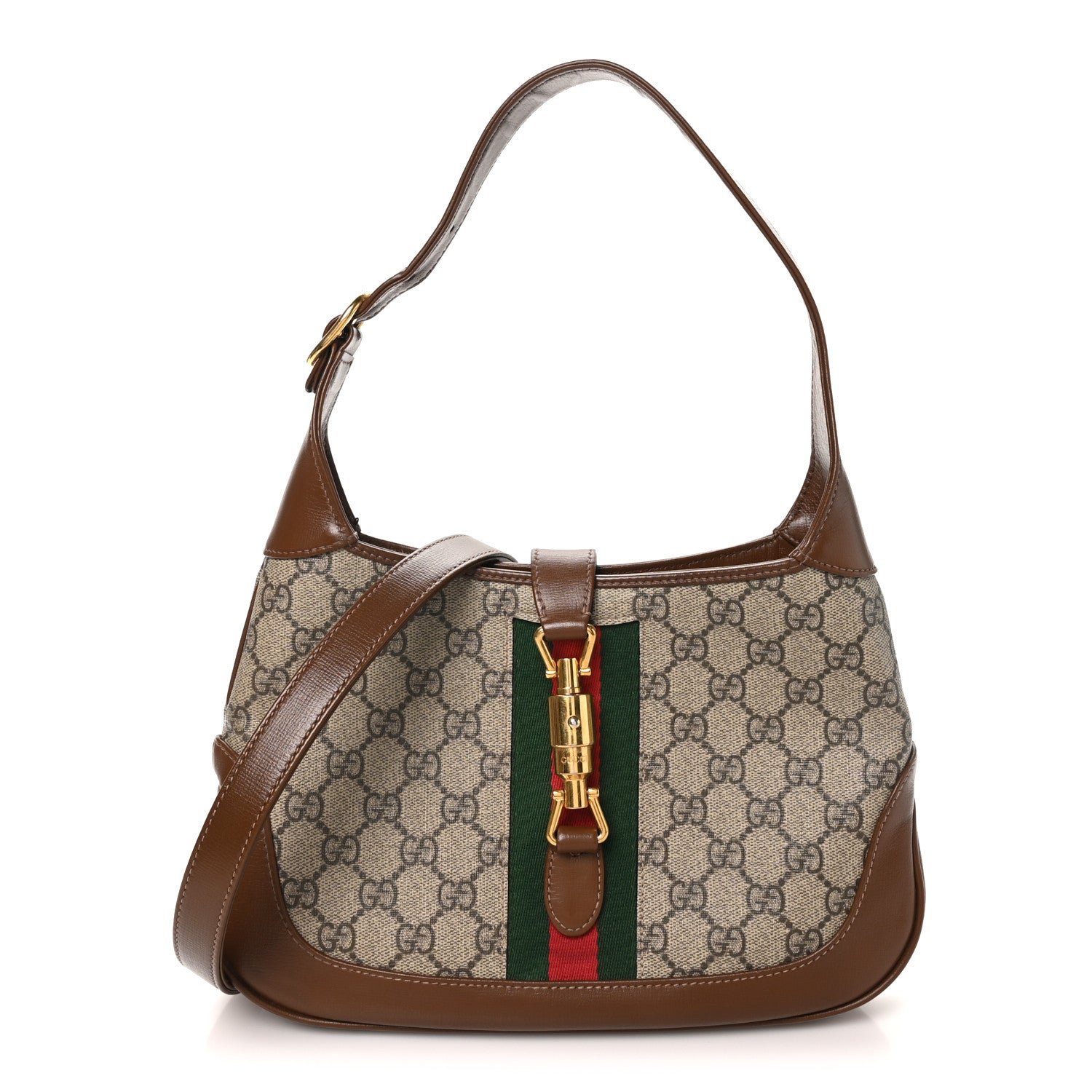 Gucci GG Supreme Monogram Azalea Calfskin Web Small Jackie 1961 Hobo Beige Ebony Brown Sugar