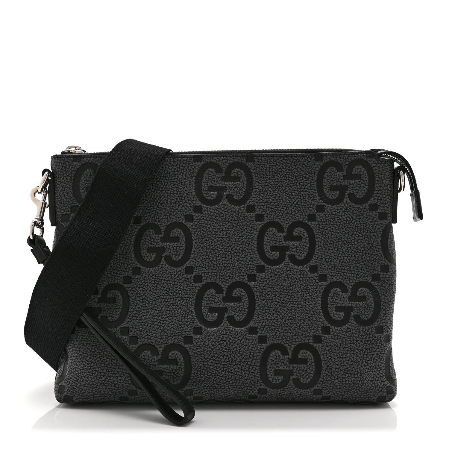 Gucci Piuma Calfskin Jumbo GG Embossed Medium Wristlet Messenger Bag Dark Grey Black