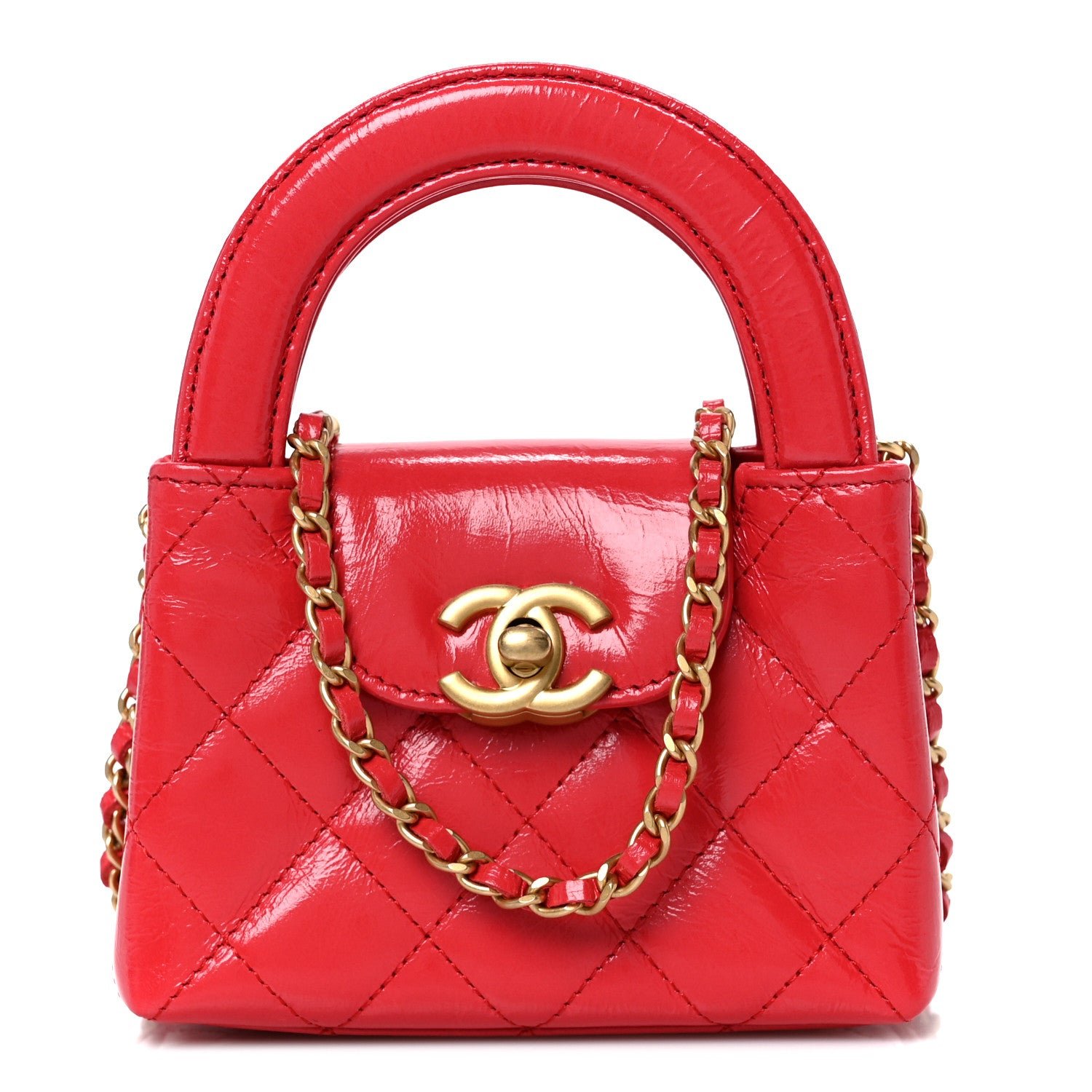Chanel Shiny Aged Calfskin Quilted Mini Nano Kelly Shopper Red