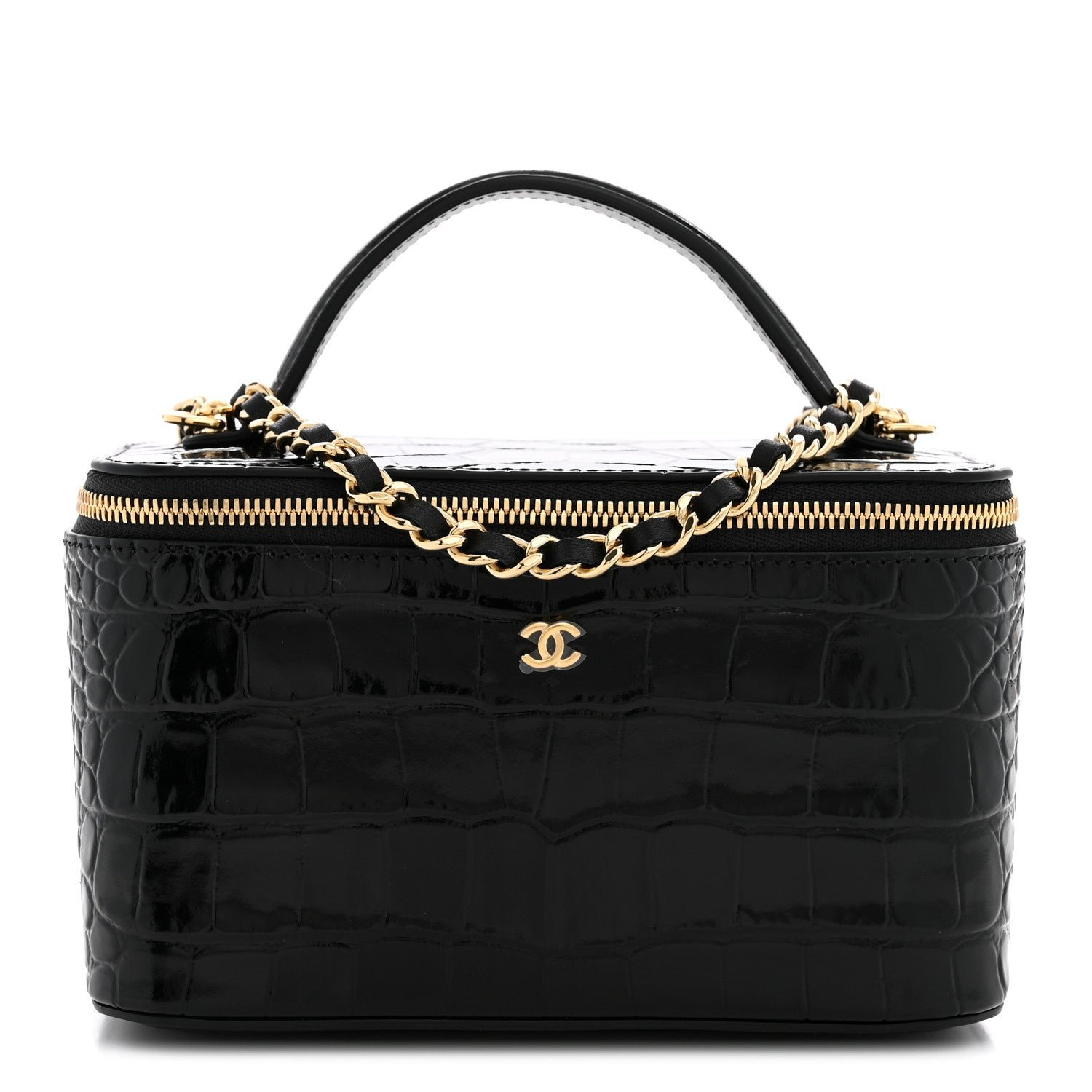 Chanel Calfskin Crocodile Embossed Crococo Small Top Handle Vanity Case With Chain Black