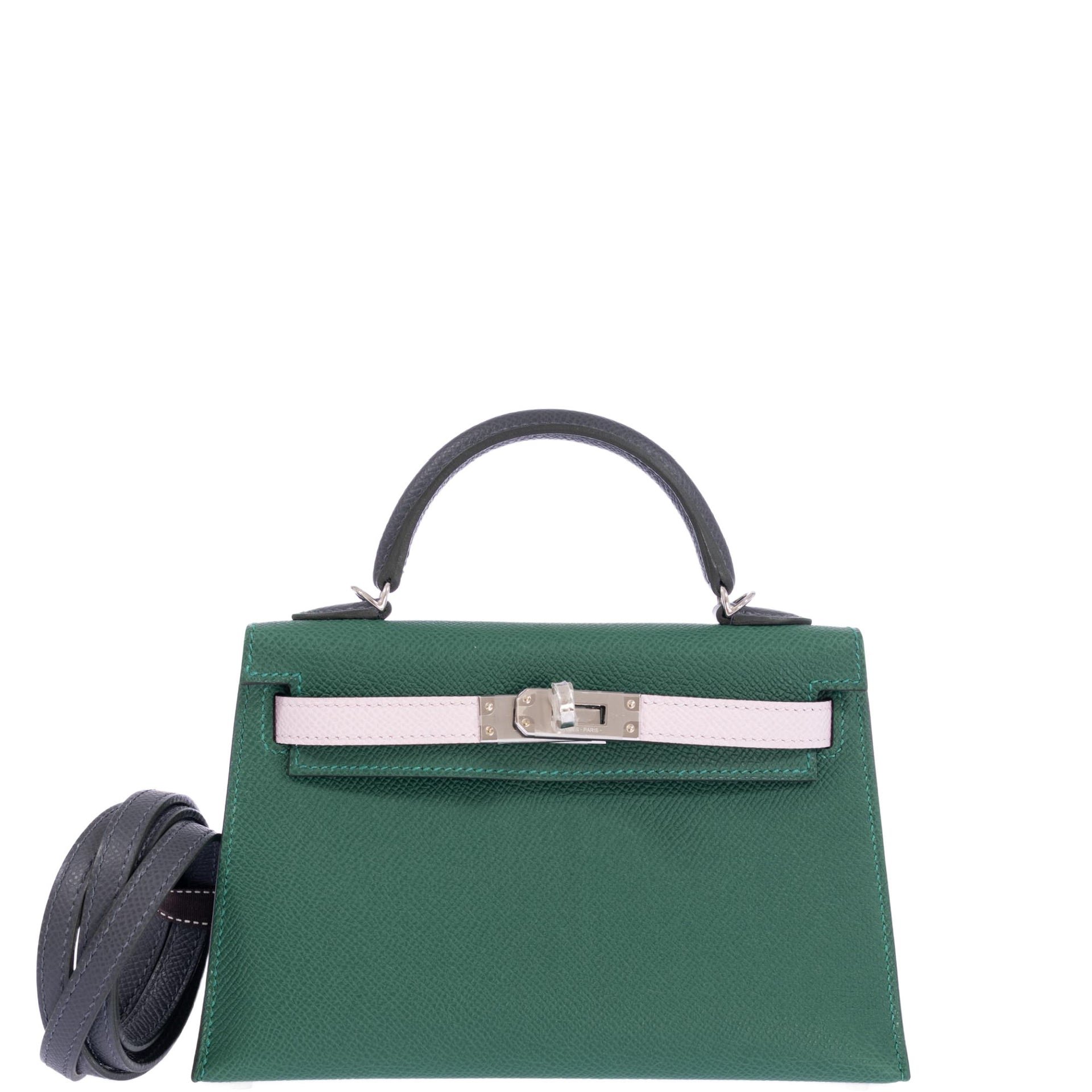 Hermès Vert Moyen / Mauve Pale / Ardoise Kelly 20 Sellier Tricolor Epsom Palladium Hardware