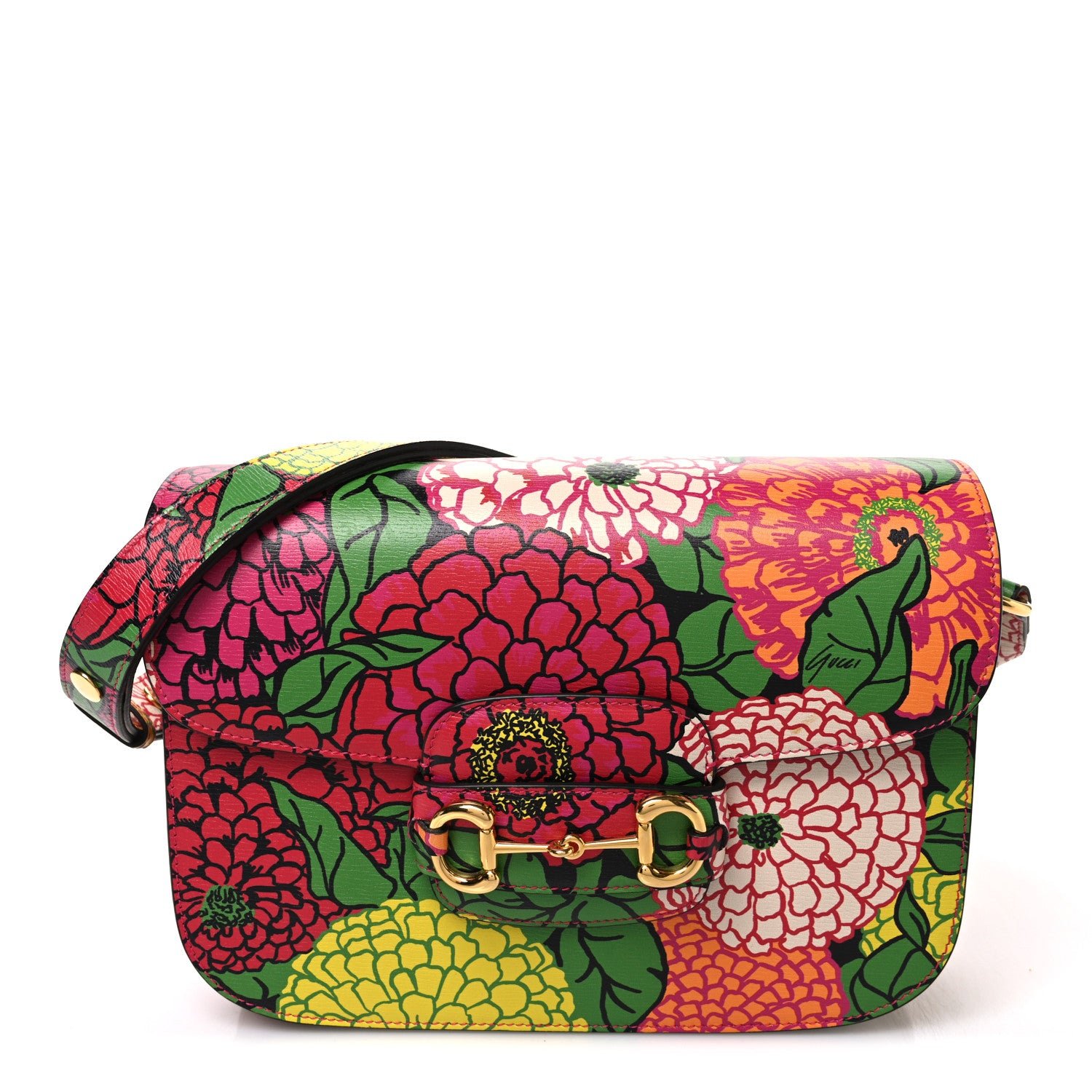 Gucci X KEN SCOTT New Shangai Calfskin Pomponica Print Horsebit 1955 Shoulder Bag Multicolor Fuxia Pompon