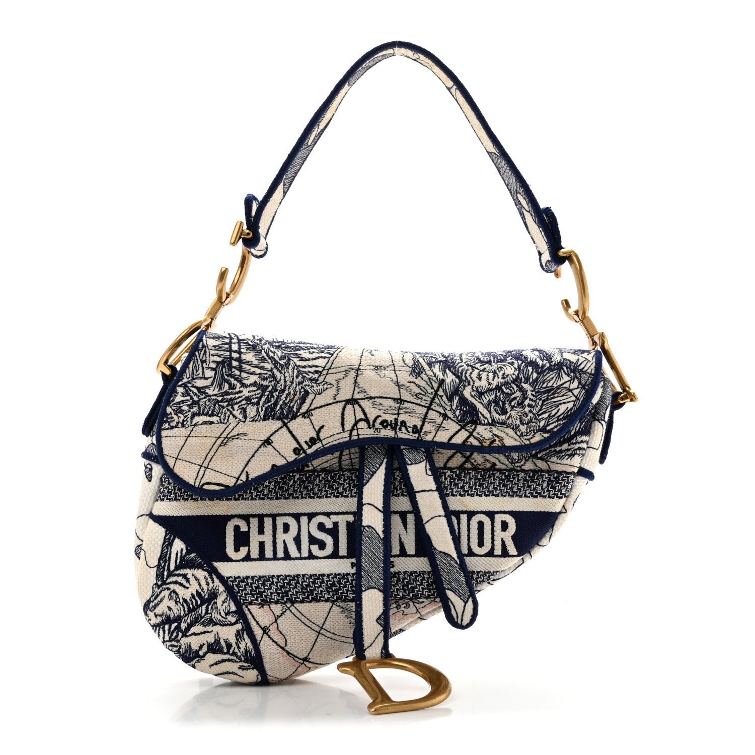 Christian Dior Canvas Embroidered Around the World Saddle Bag Blue