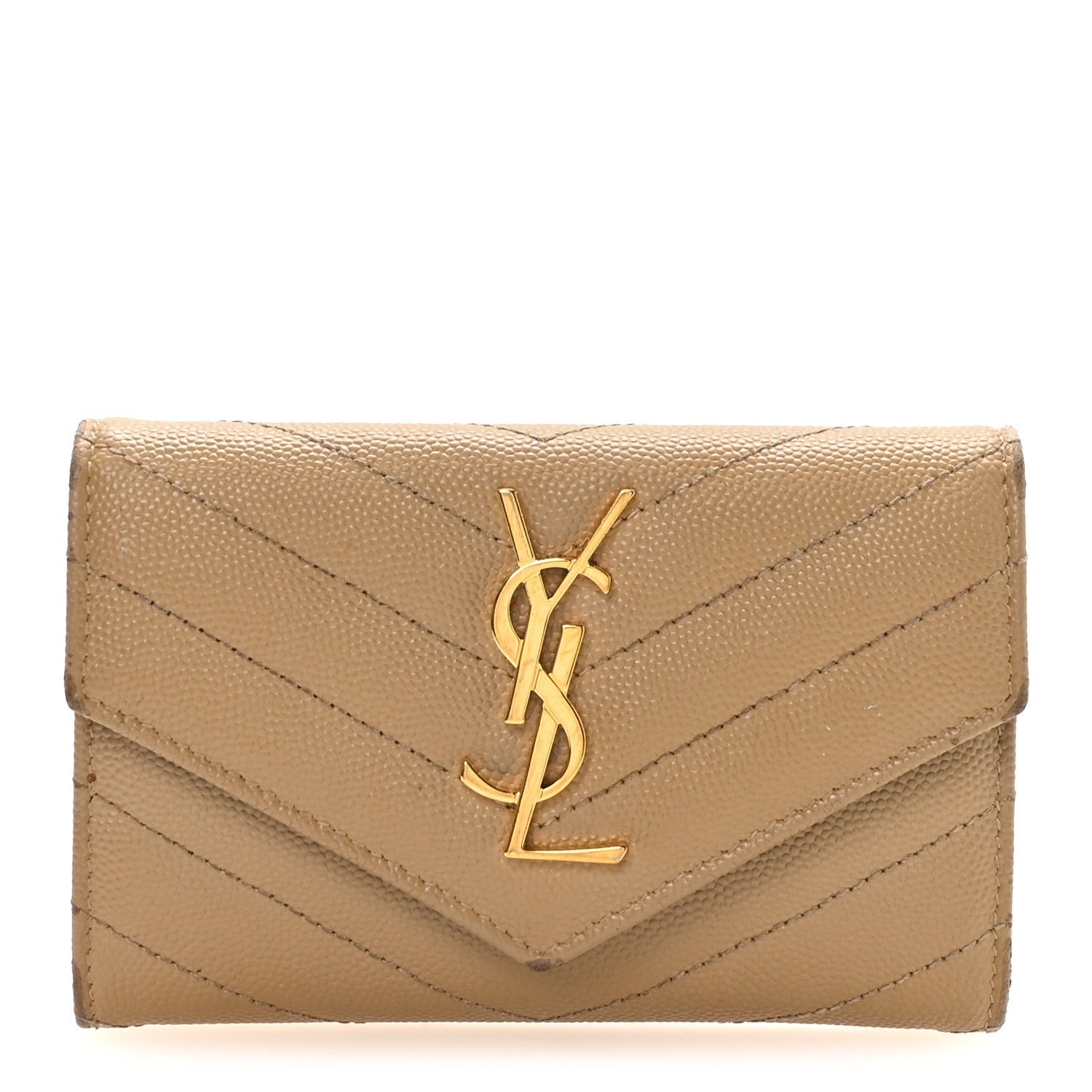 Saint Laurent Grain De Poudre Matelasse Chevron Small Monogram Envelope Wallet Dark Latte