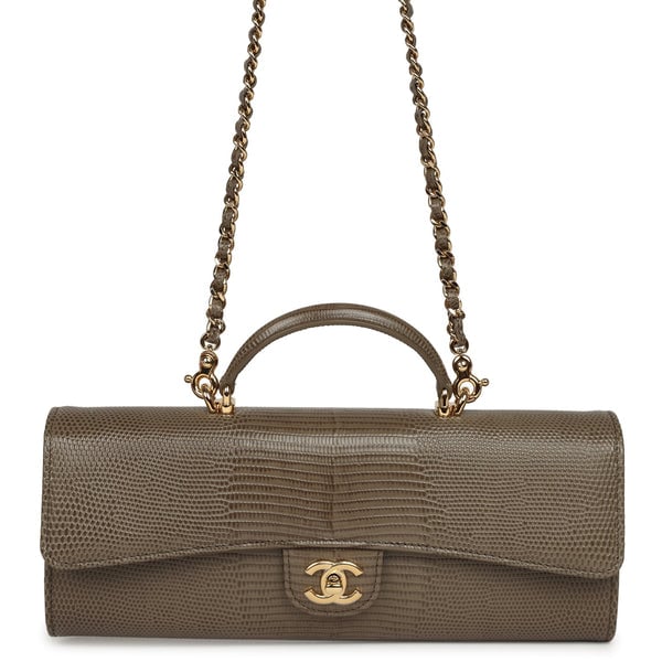 Chanel Chanel Long Top Handle Clutch with Chain Dark Khaki Lizard Embossed Calfskin Gold Hardware