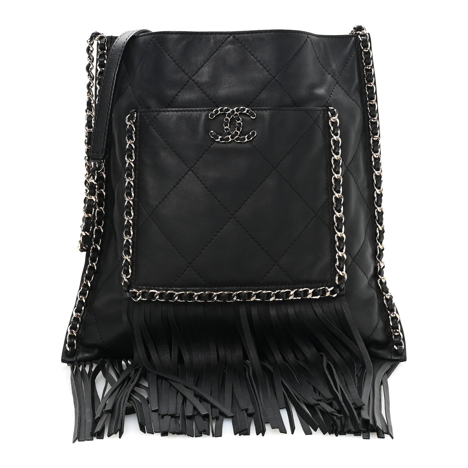 Chanel Calfskin Quilted Fringe Small Shopping Bag Black