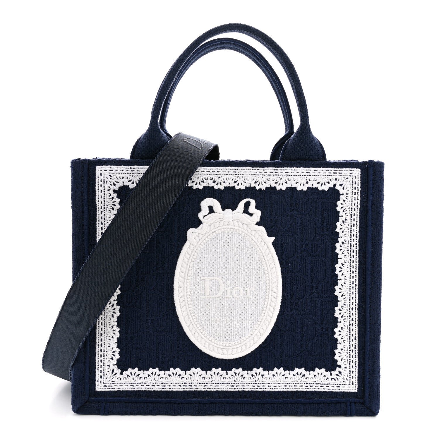 Christian Dior Cotton Toile De Jouy Oblique Embroidered Dior Medaillon Small Book Tote With Strap Blue White