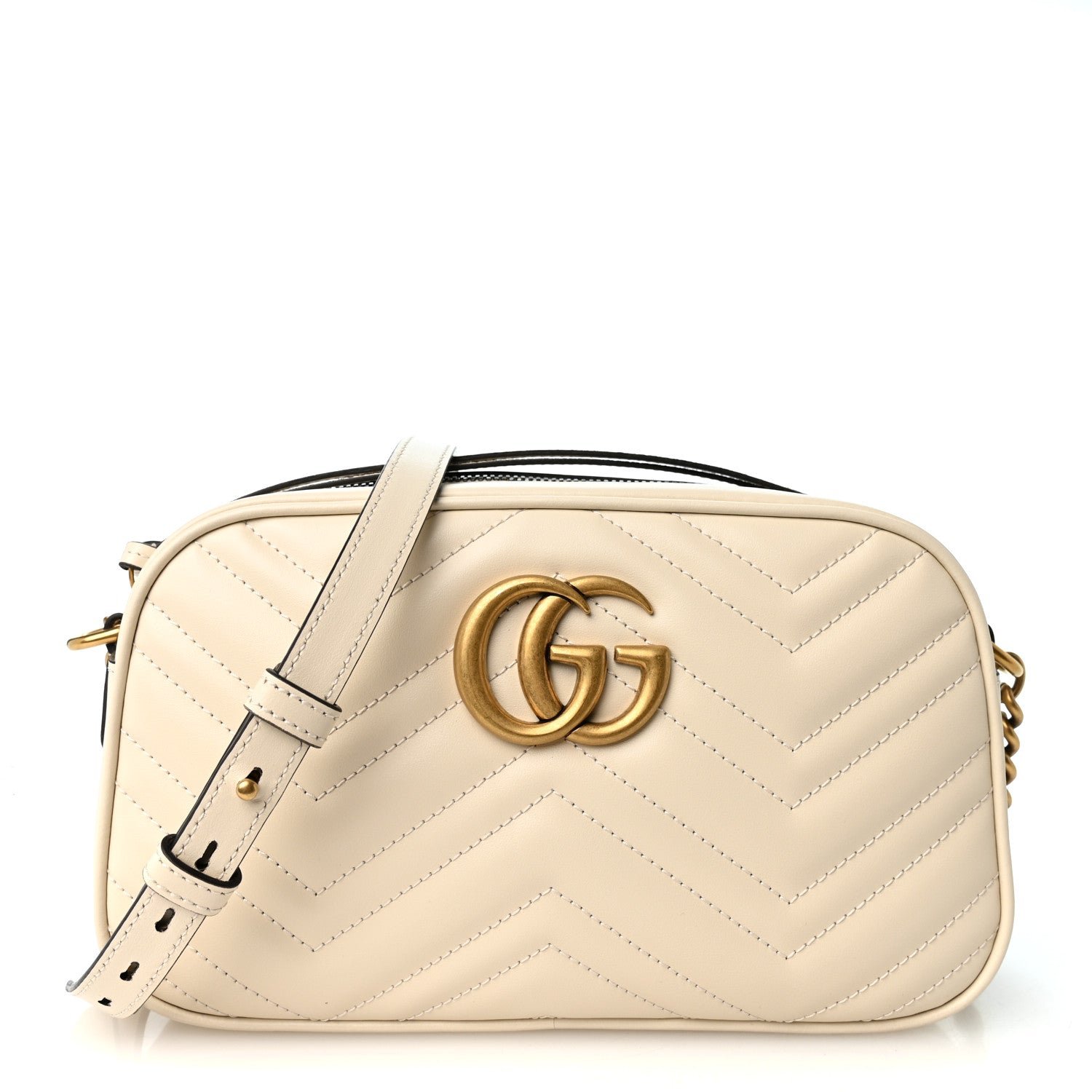 Gucci Calfskin Matelasse Small GG Marmont Chain Shoulder Bag White