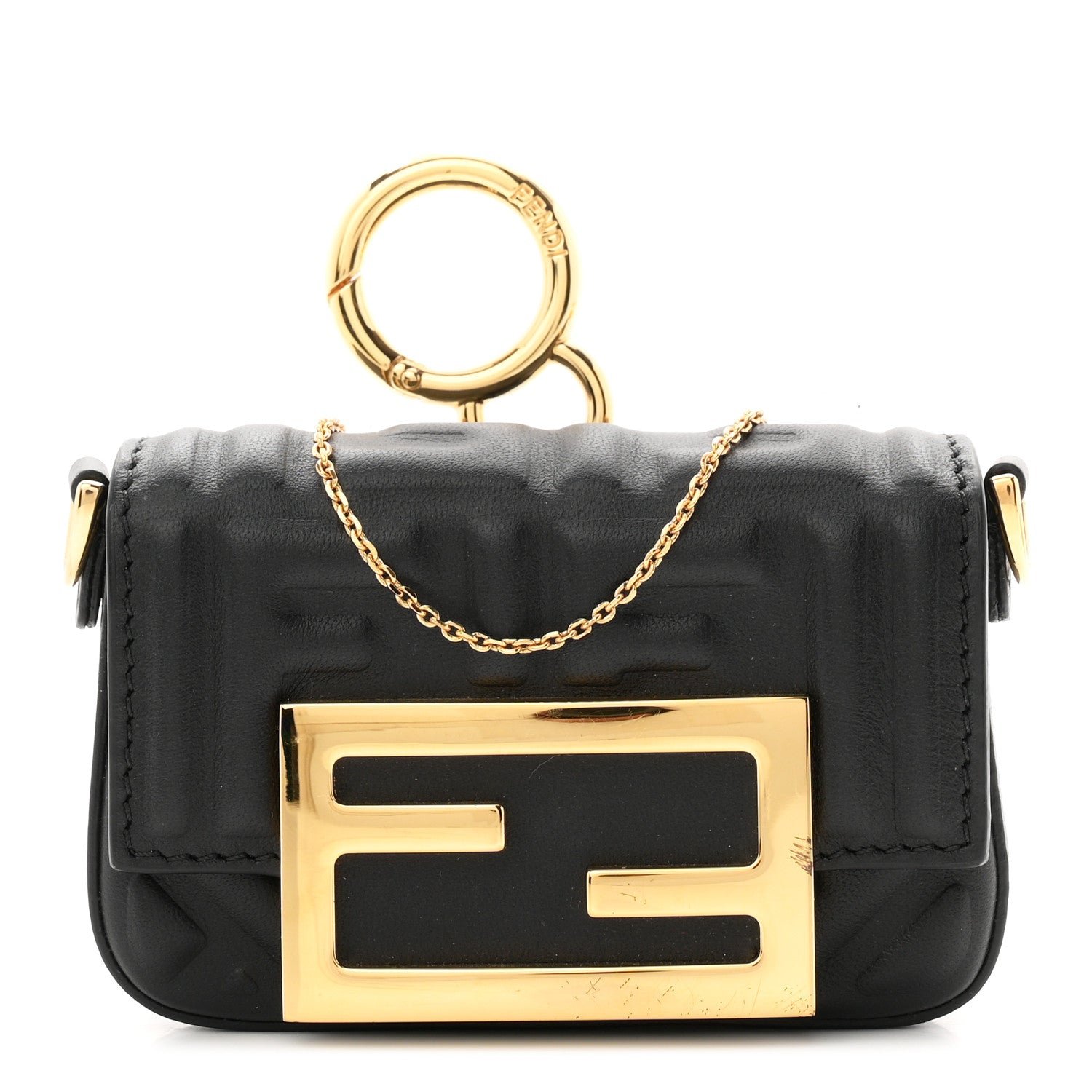 Fendi Nappa Matisse FF Embossed Nano Maxi Buckle Baguette Charm Black