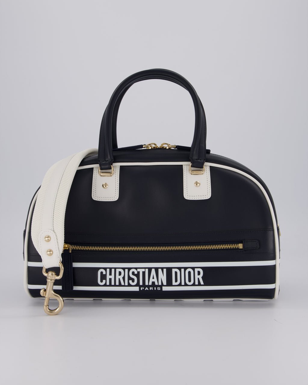 Christian Dior Vibe Bowling Bag in Navy Blue Calfskin Leather with Gold Hardware