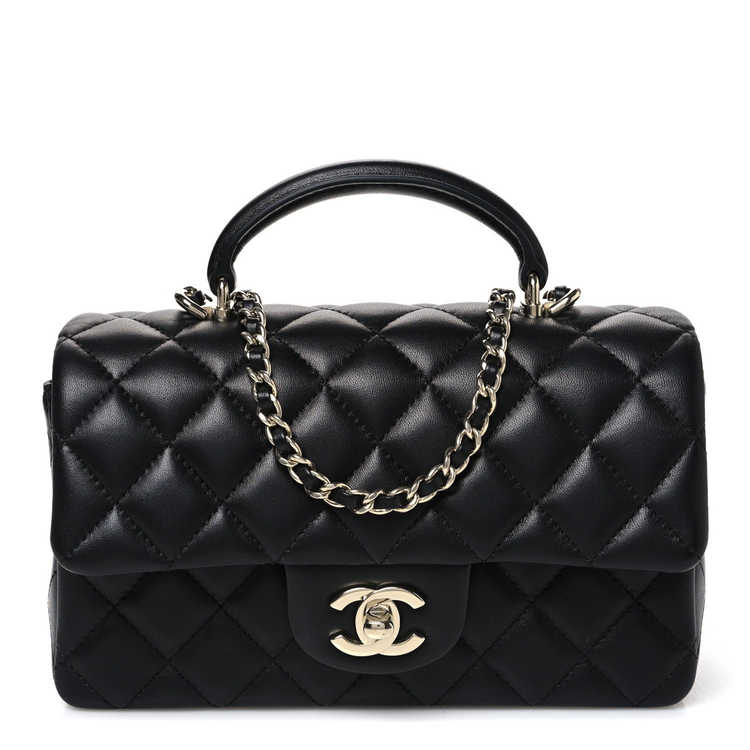Lambskin Quilted Mini Top Handle Rectangular Flap Black