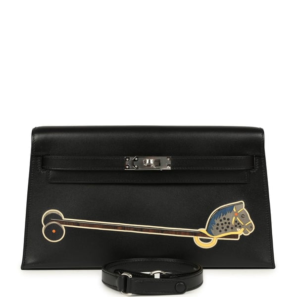 Hermes Hermes Kelly Elan "Cheval De Bois" Black and Multi Tadelakt Palladium Hardware