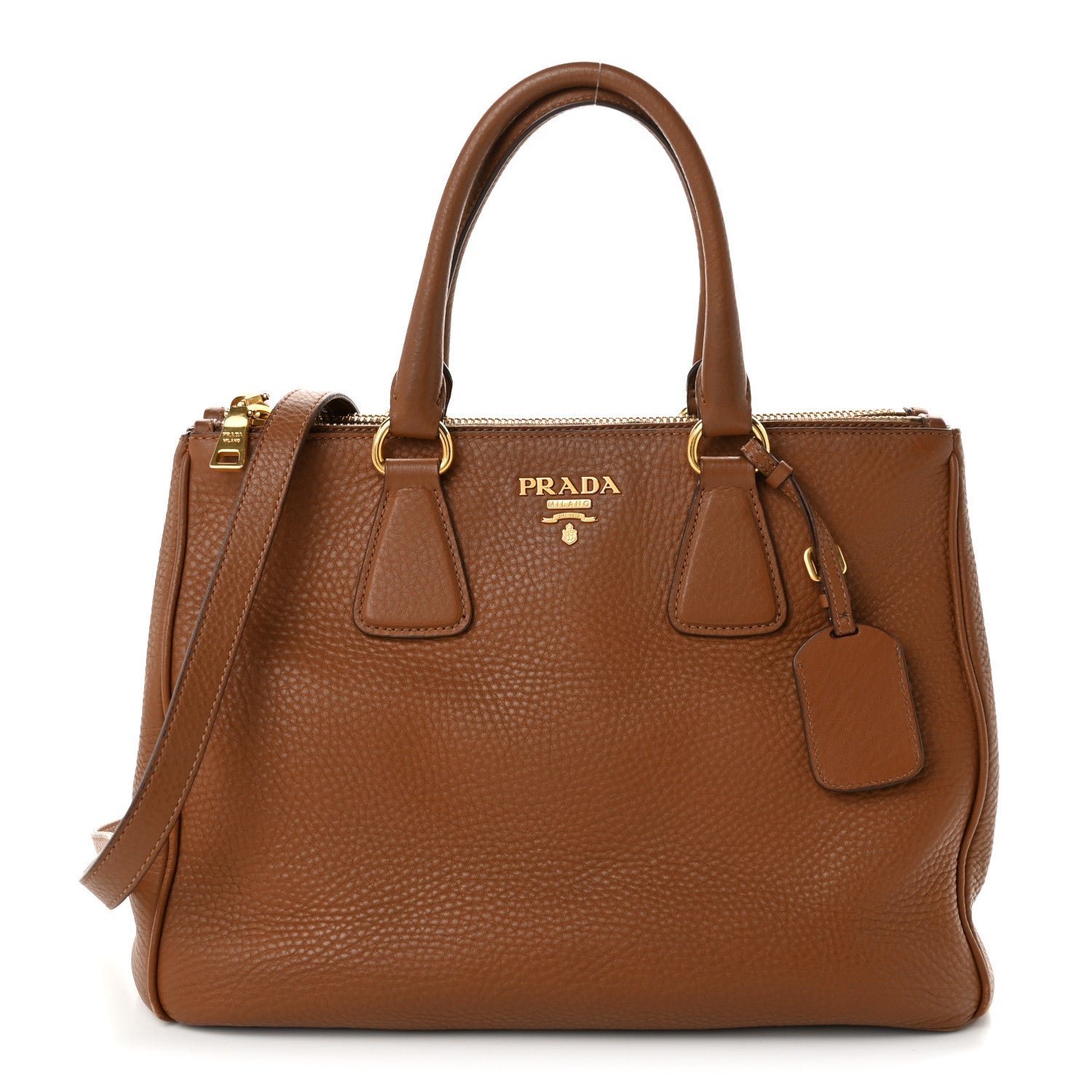 Prada Vitello Daino Large Double Zip Tote Brandy