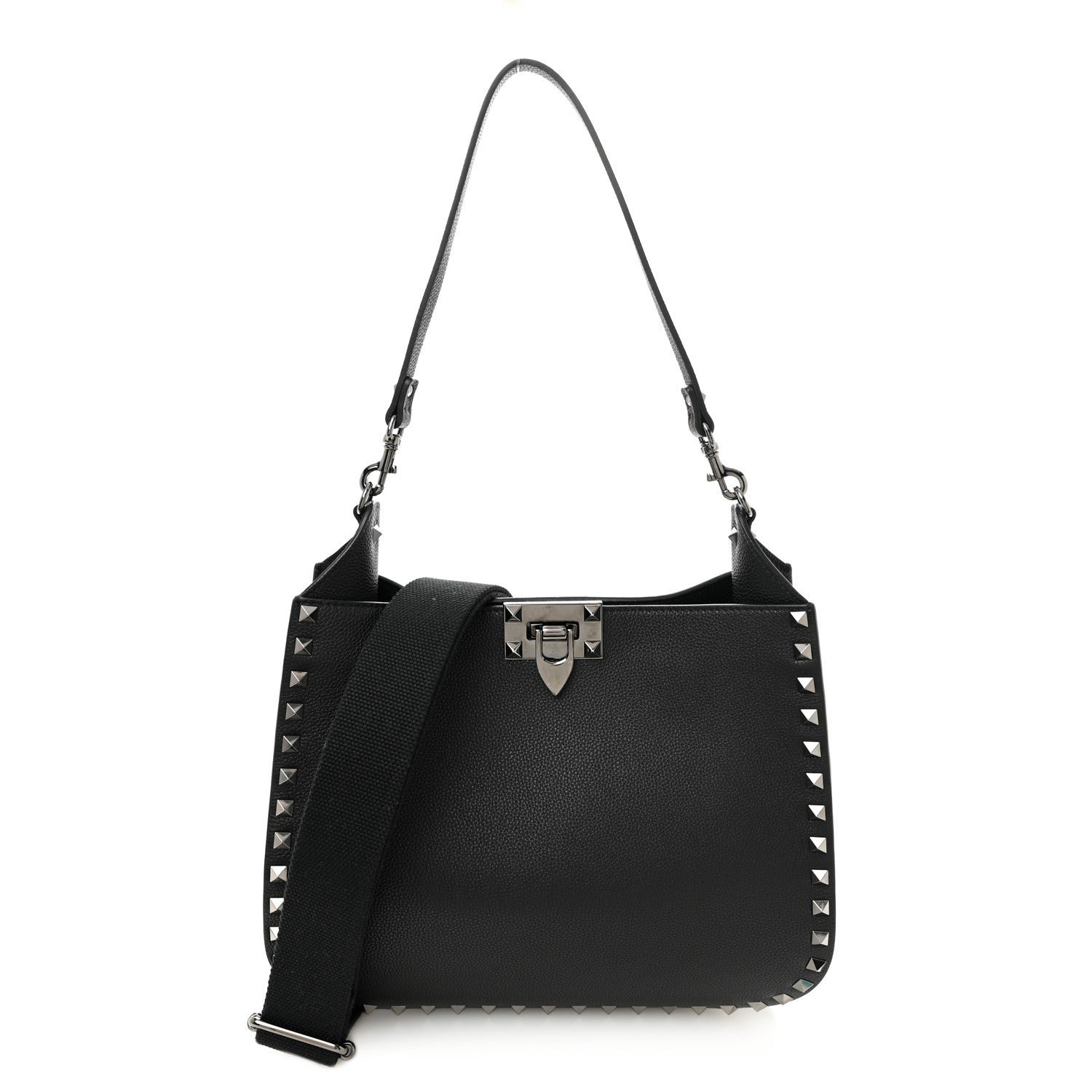 Valentino Garavani Grained Calfskin Rockstud Hobo Shoulder Bag Black