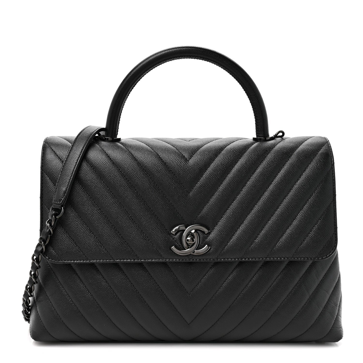 Chanel Caviar Chevron Quilted Medium Coco Handle Flap So Black