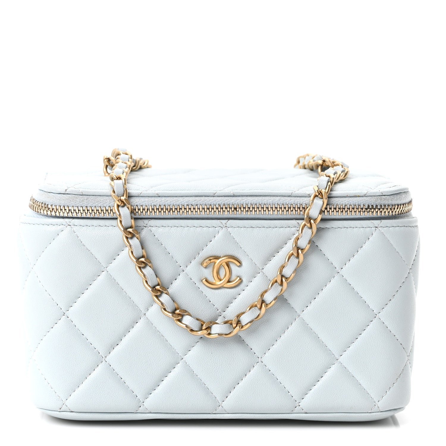 Chanel Lambskin Quilted Pearl Crush Small Vanity Case With Chain Light Blue