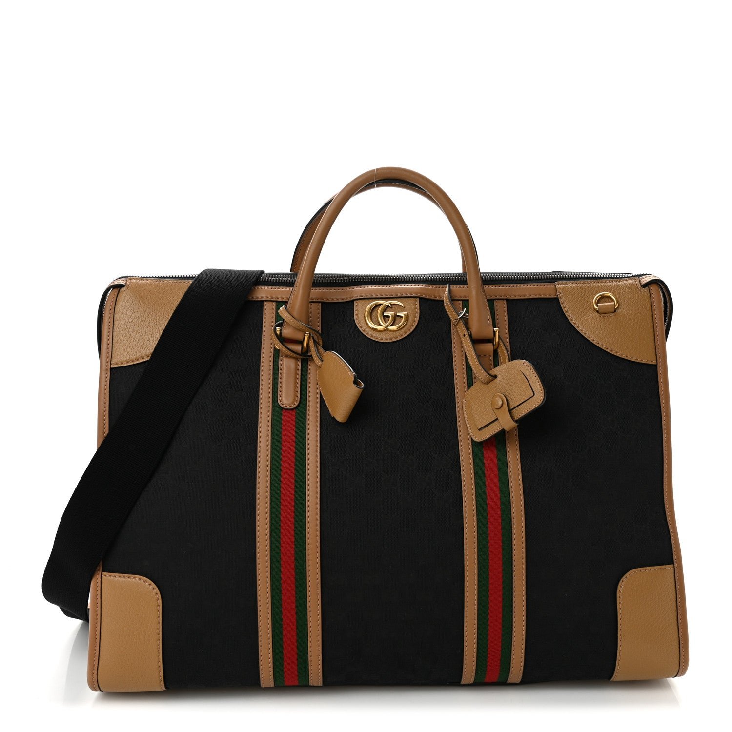 Gucci Monogram Textured Dollar Calfskin Web XL Bauletto Duffle Top Handle Bag Black Koi Beige