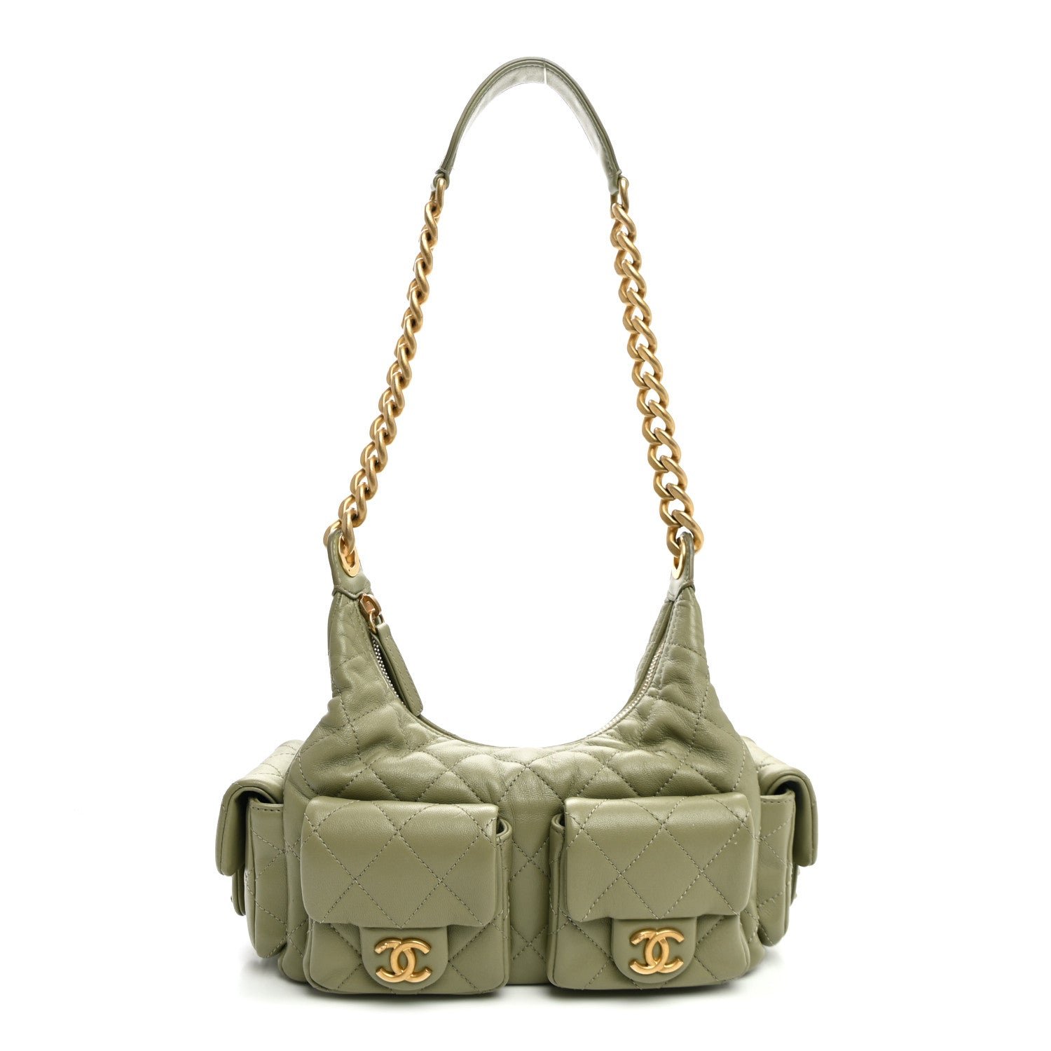 Chanel Shiny Lambskin Quilted Trendy Pockets Hobo Green