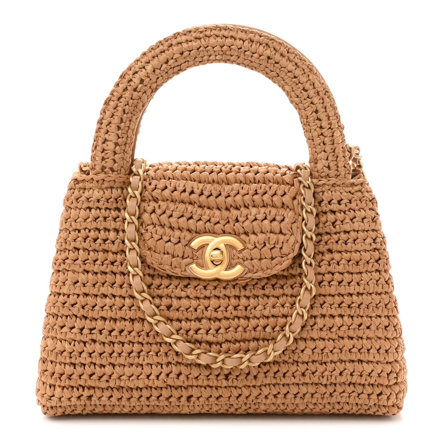 Chanel Braided Raffia Nano Kelly Flap Bag Dark Beige