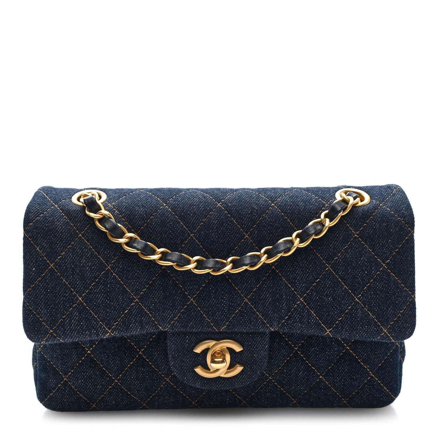 Chanel Denim Quilted Small Double Flap Dark Blue Orange