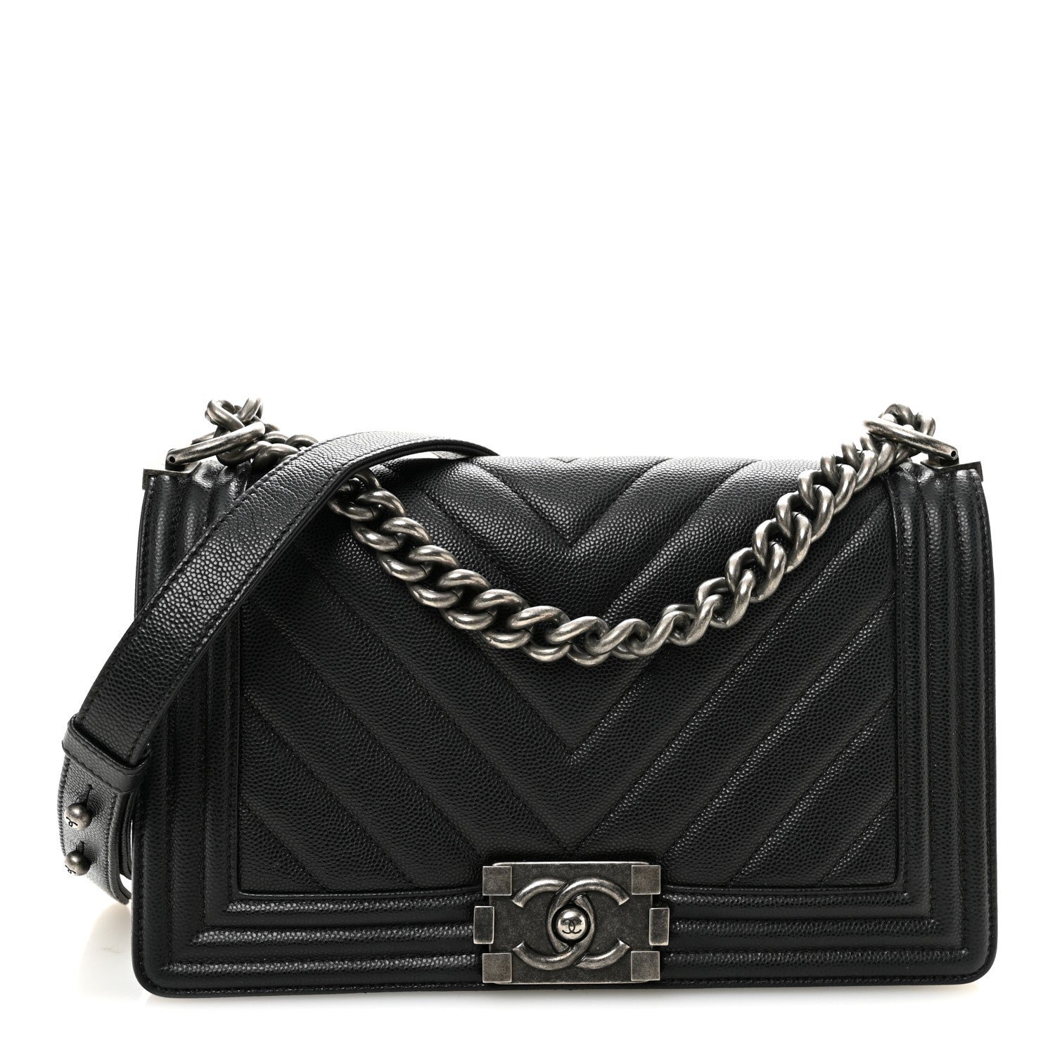 Chanel Caviar Chevron Quilted Medium Boy Flap Black