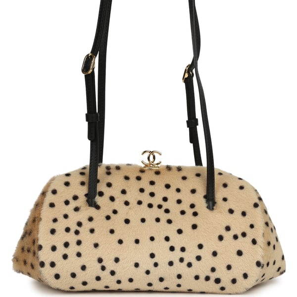 Chanel Cheetah Print Clutch with Leather Straps Light Beige Calf Hair, Black Leather Gold Hardware