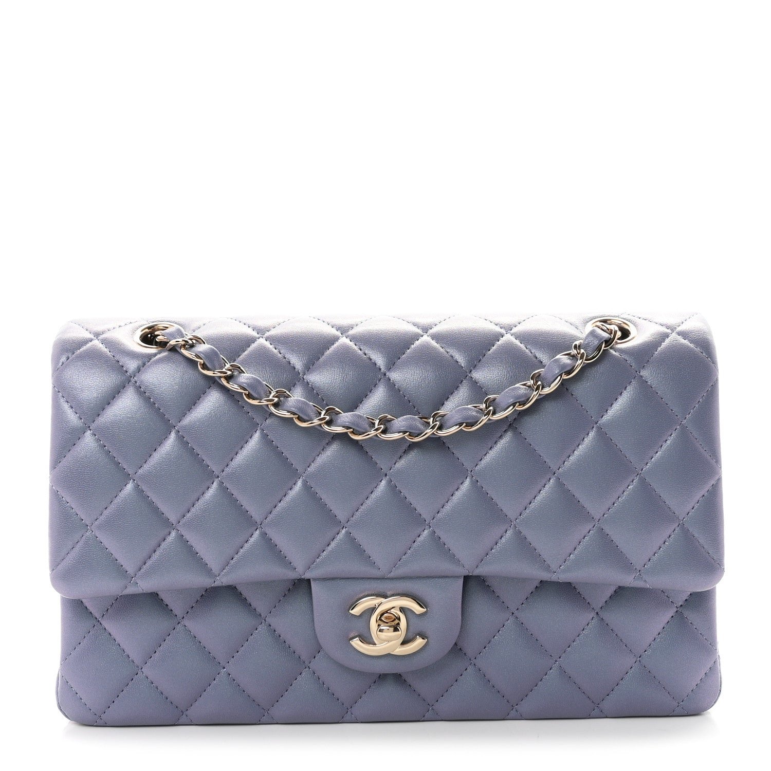 Iridescent Lambskin Quilted Medium Double Flap Light Purple