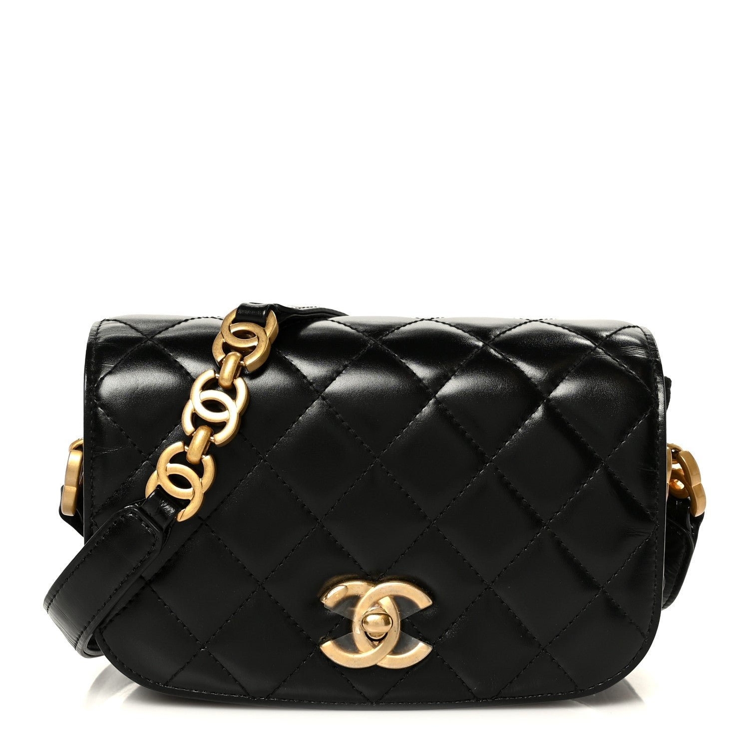 Chanel Shiny Calfskin Quilted Suede Goatskin Mini Messenger Black