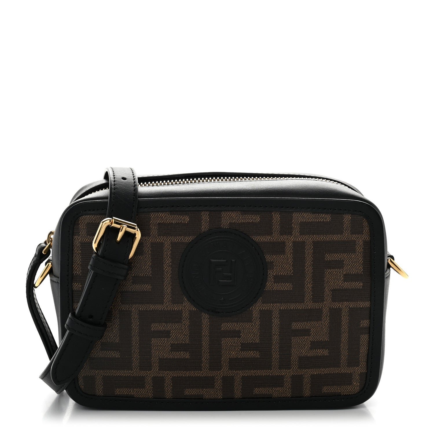 Fendi Glazed Fabric Vitello Century FF 1974 Stamp Patch Mini Camera Case Mogano Panna Black