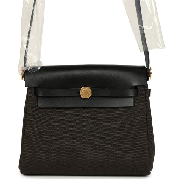 Hermes Hermes Herbag Zip 20 Mini Dark Bronze Toile Militaire Canvas and Black Vache Hunter Gold Hardware