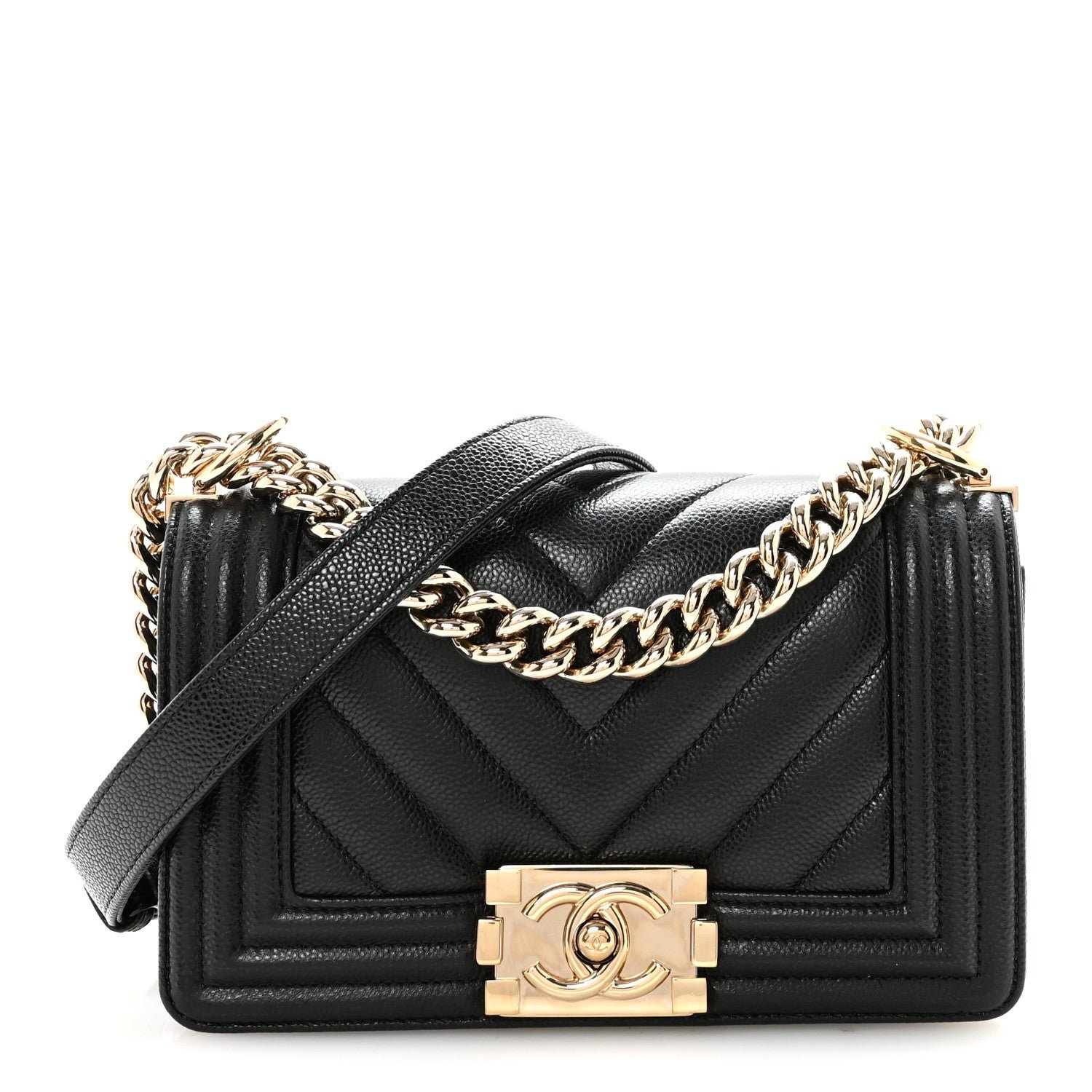 Caviar Chevron Quilted Small Boy Flap Black