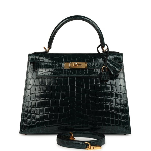 Hermes Pre-owned Hermes Kelly Sellier 28 Vert Cypres Shiny Niloticus Crocodile Gold Hardware