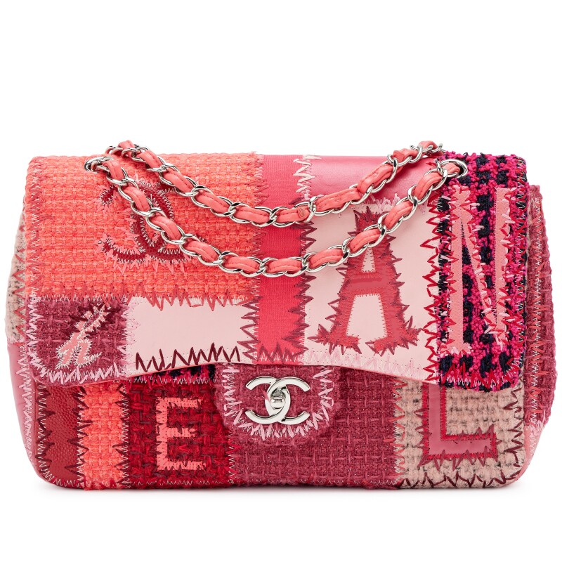Pink Tweed, Caviar, and Calfskin Patchwork Medium Classic Single Flap Bag Silver Hardware, 2016