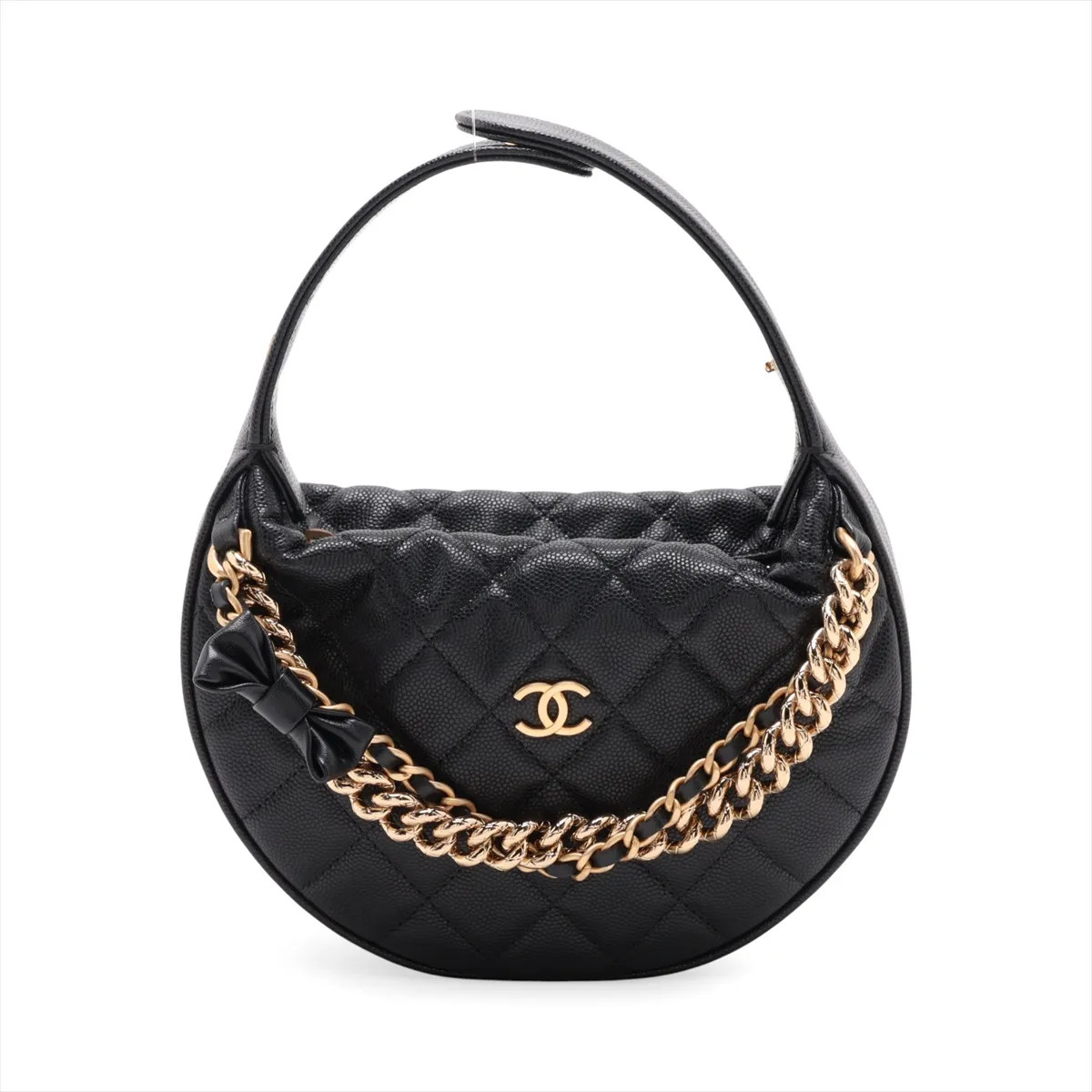 Chanel Matelasse Caviar Skin Hand bag Ribbon Black Gold Metal Fittings random se