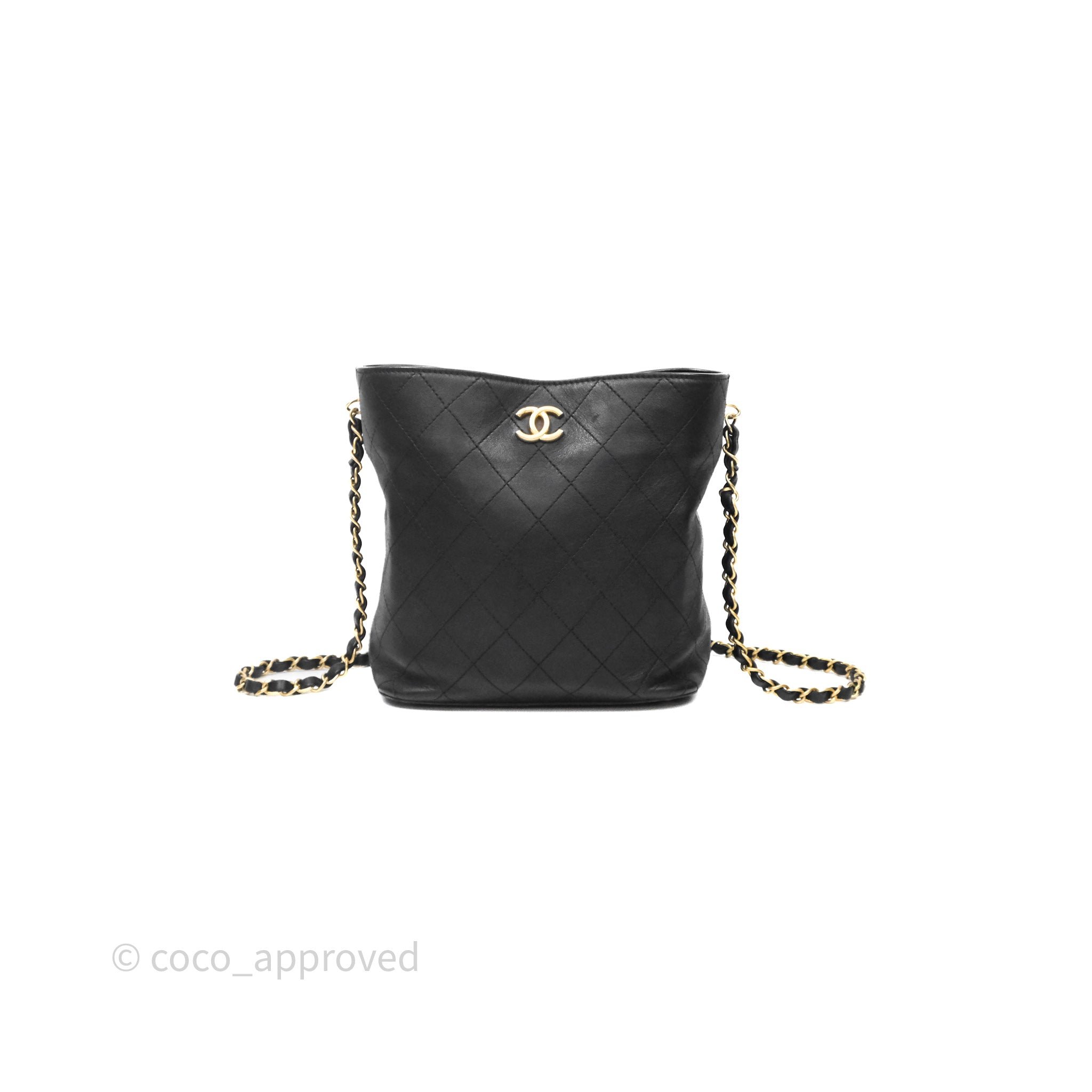 Chanel Quilted Drawstring Bucket Bag Black Calfskin Aged Gold Hardware