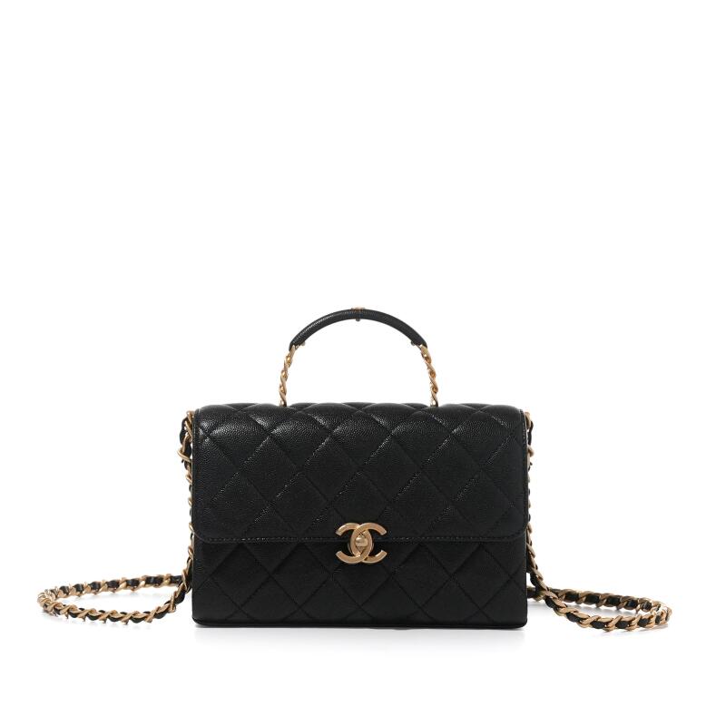Chanel Black Quilted Caviar Top Handle Flap Bag Brushed Gold Hardware
