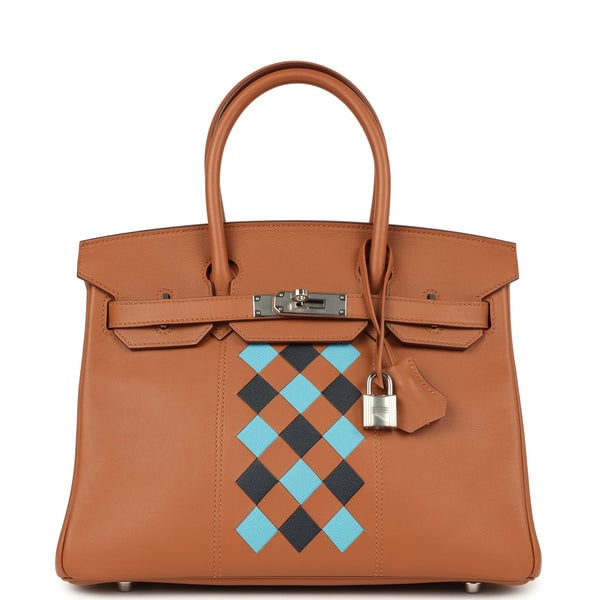 Hermes Pre-owned Hermes Birkin 30 Tressage De Cuir Gold Swift, Bleu Du Nord and Bleu Indigo Epsom Palladium Hardware