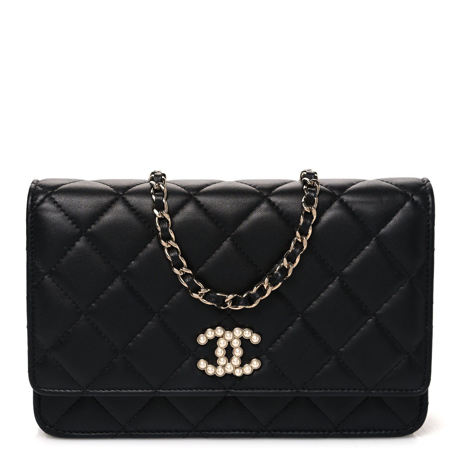 Chanel Lambskin Quilted Pearl CC Wallet on Chain WOC Black