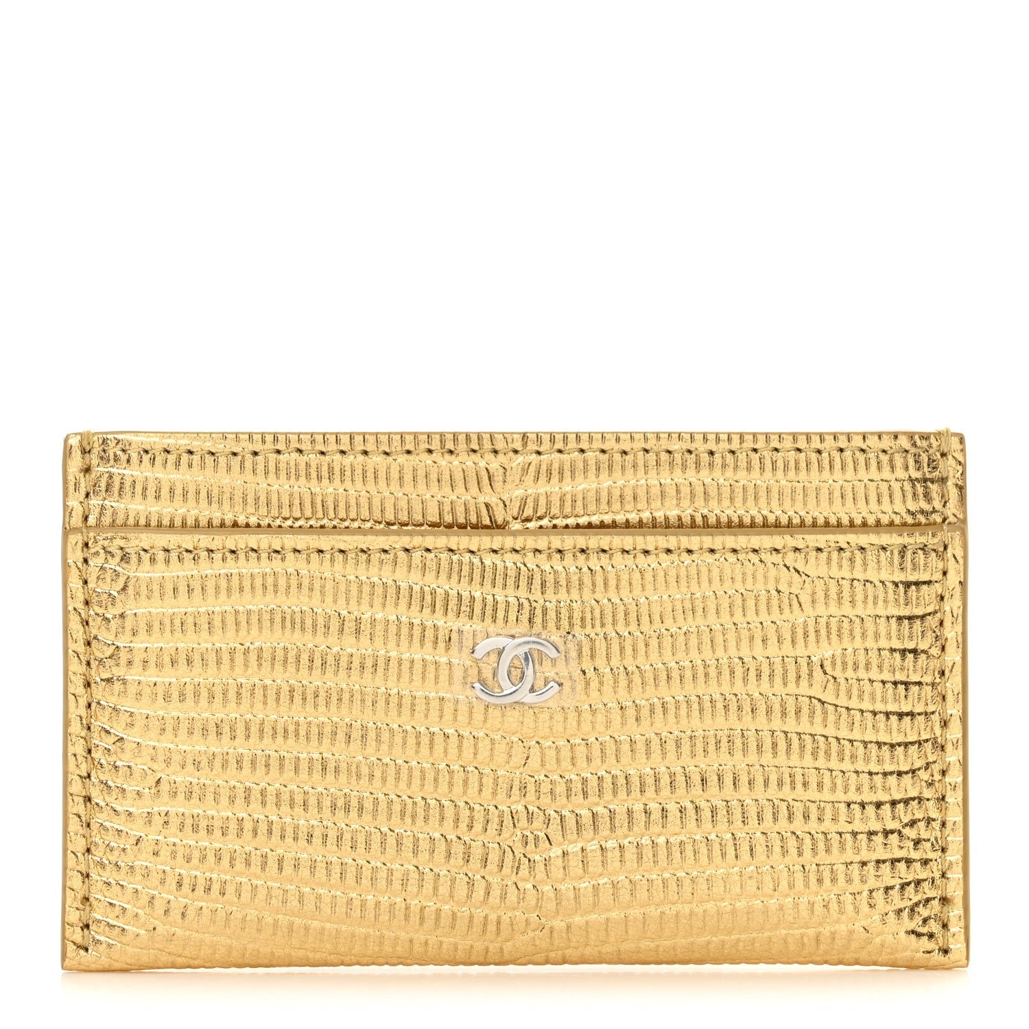 Chanel Metallic Calfskin Lizard Embossed Card Holder Gold