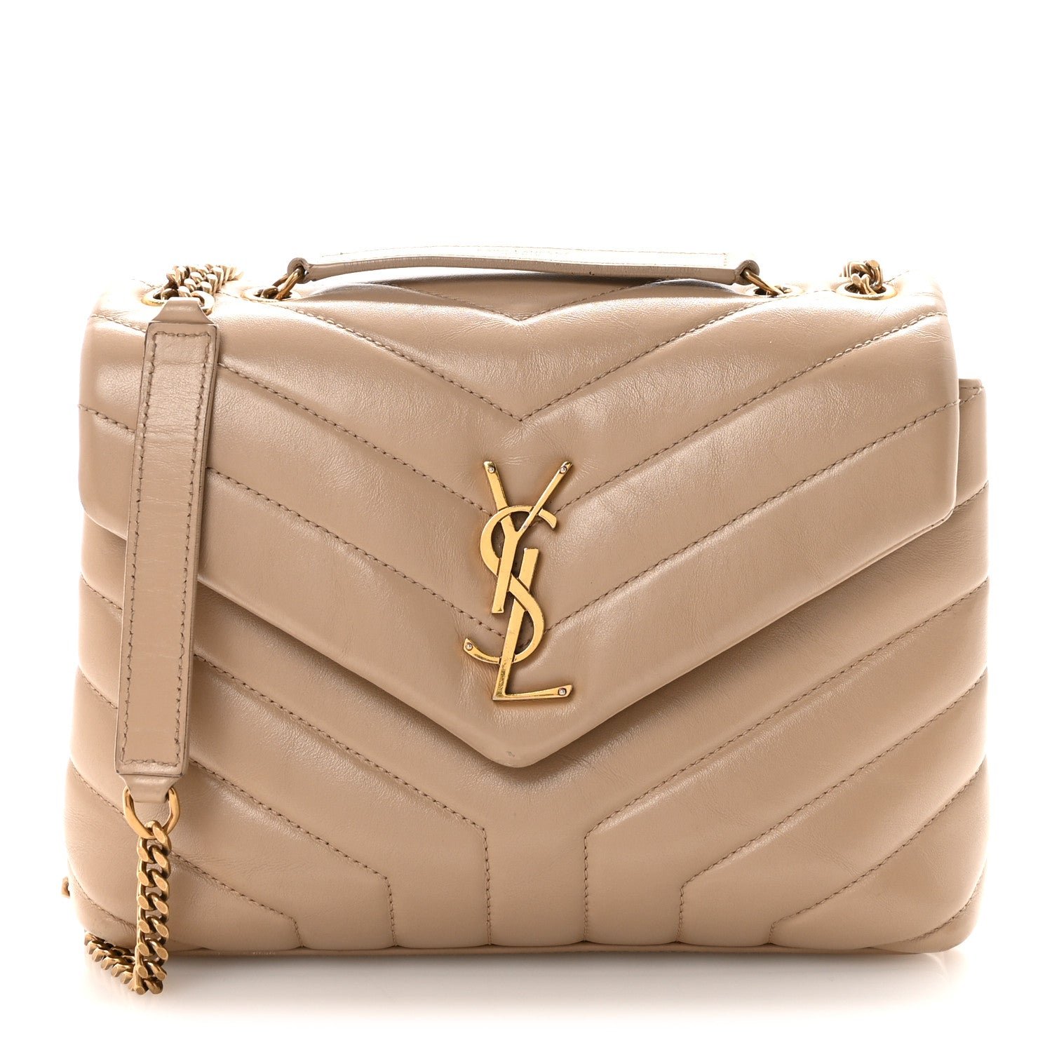 Saint Laurent Calfskin Y Quilted Monogram Small Loulou Chain Satchel Dark Beige